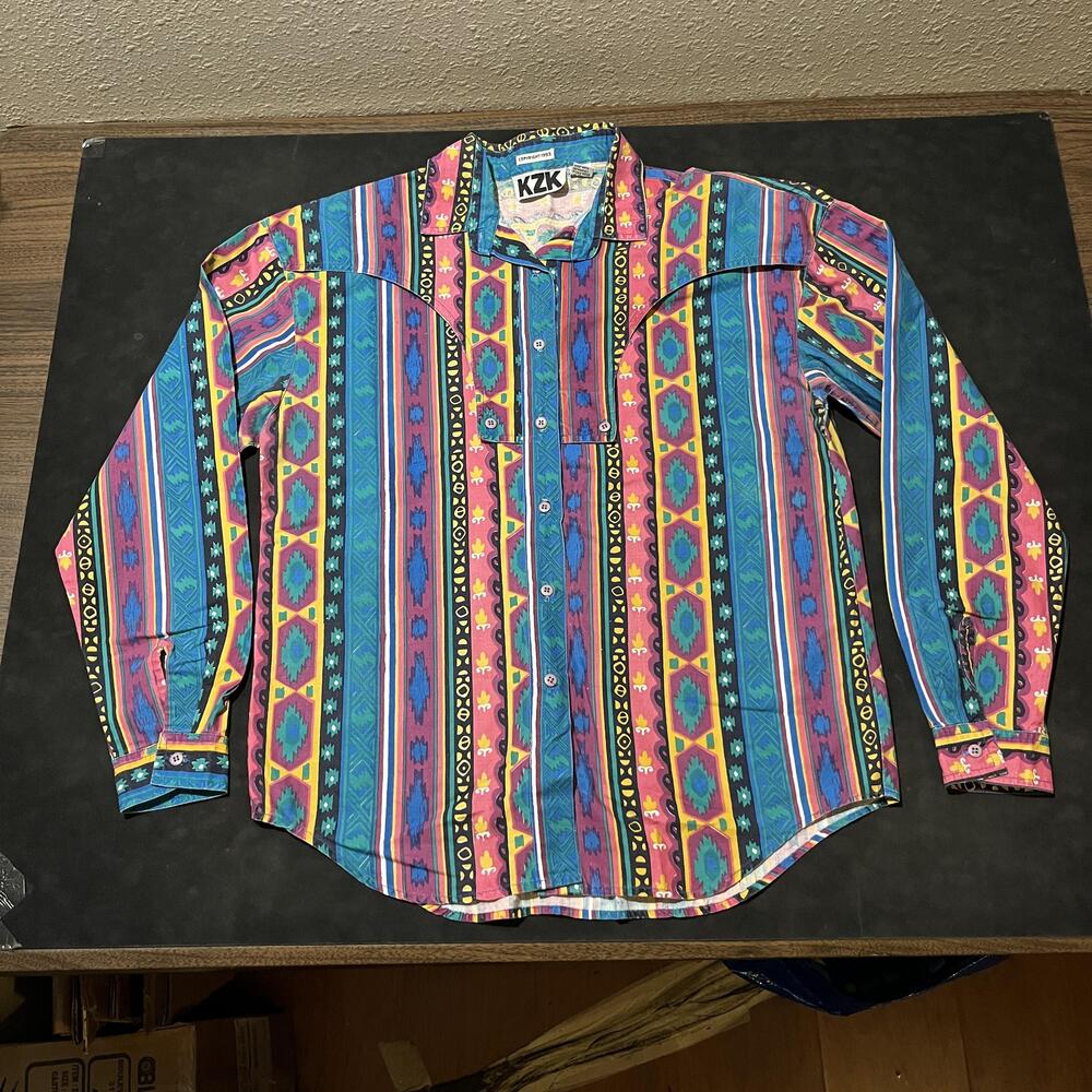 Vintage Wah Shirt Mens Large Cowboy Rodeo Western Aztec Stripe Brushpopper 90s